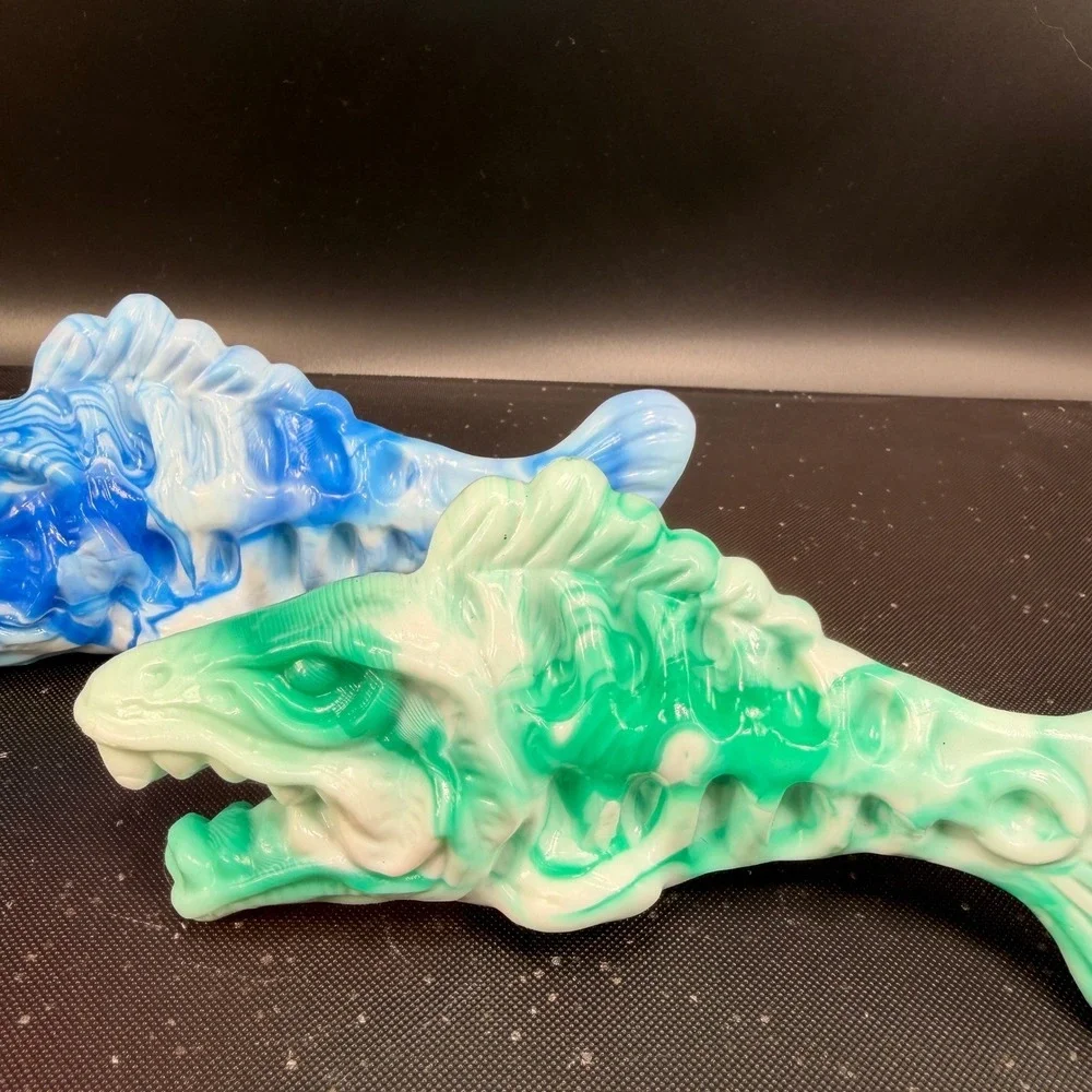 Hand Crafted Resin Fish Skeleton Figurines Blue Green Marbled Art Decor Set of 2
